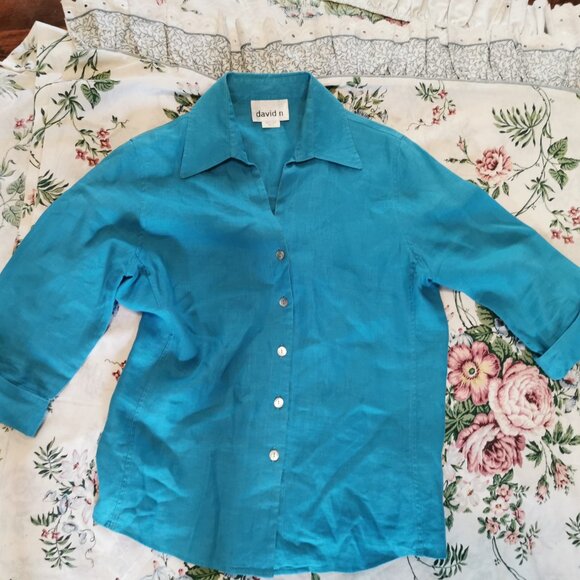 David N 100% Linen Top Small Turquoise Coastal Beachy Sleeve Button Up 0201 - Picture 3 of 6